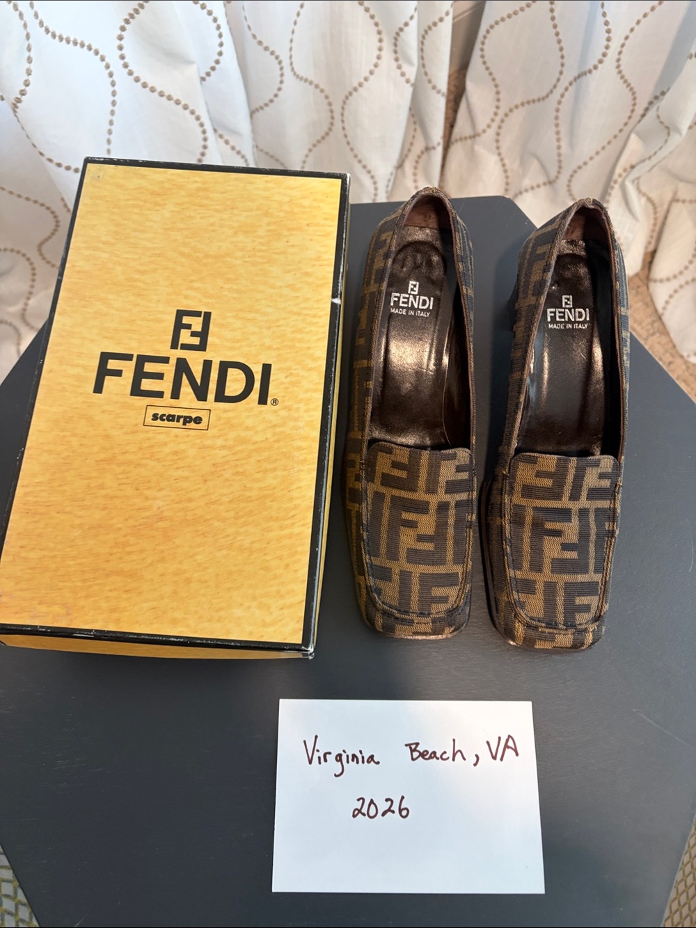 Fendi Brown FF Logo Canvas Square-Toe Loafers